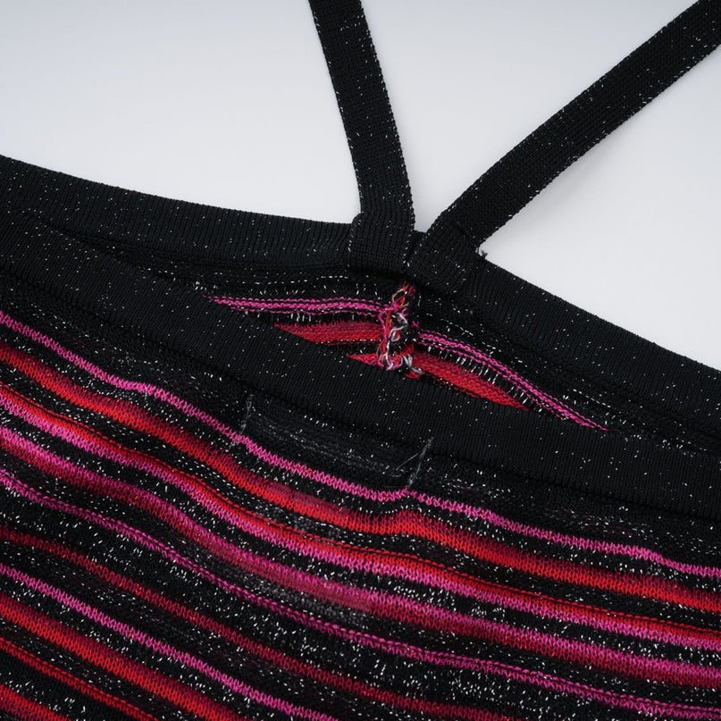 Sarai Red Metallic Knit Glitter Striped Halterneck Maxi Dress