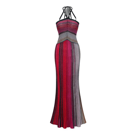 Sarai Red Metallic Knit Glitter Striped Maxi Dress