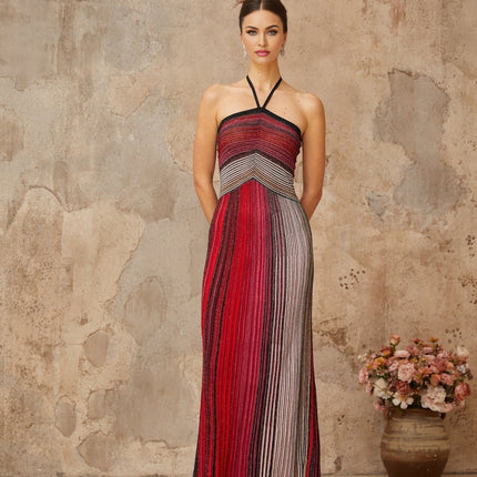 Sarai Red Metallic Knit Glitter Striped Maxi Dress