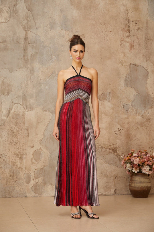 Sarai Red Metallic Knit Glitter Striped Maxi Dress