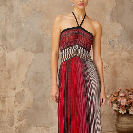 Sarai Red Metallic Knit Glitter Striped Maxi Dress