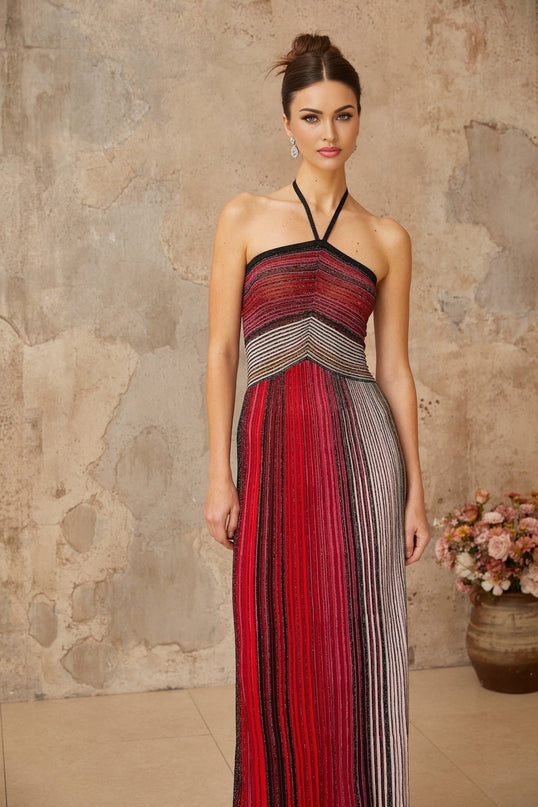 Sarai Red Metallic Knit Glitter Striped Maxi Dress