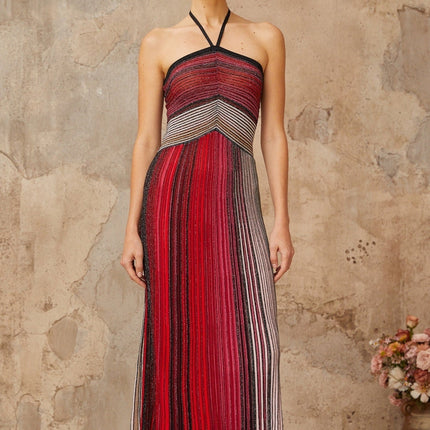 Sarai Red Metallic Knit Glitter Stripes Maxi Dress