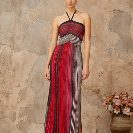 Sarai Red Metallic Knit Glitter Stripes Maxi Dress