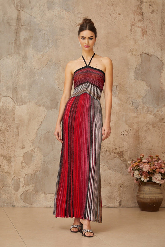 Sarai Red Metallic Knit Glitter Stripes Maxi Dress