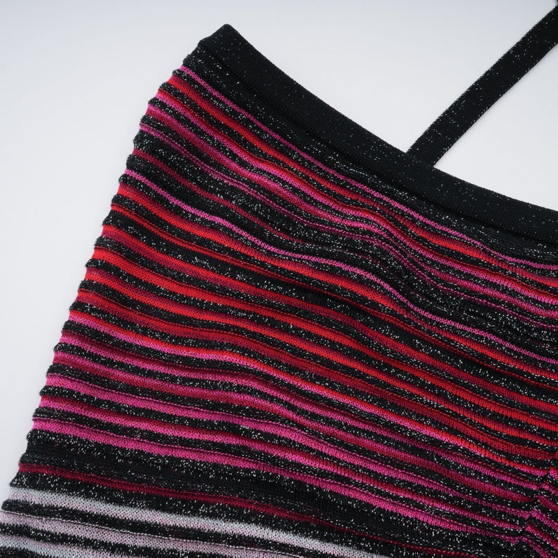 Sarai Red Metallic Knit Glitter Stripes Maxi Dress