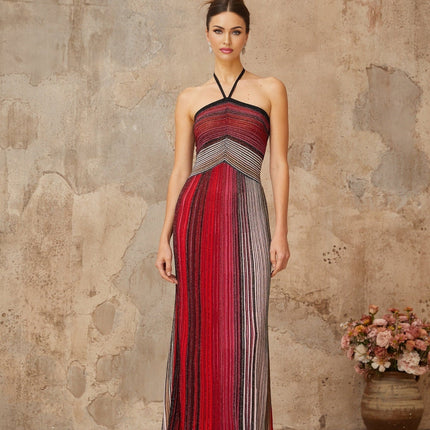 Sarai Red Metallic Knit Glitter Stripes Maxi Dress