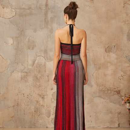 Sarai Red Metallic Knit Glitter Stripes Maxi Dress