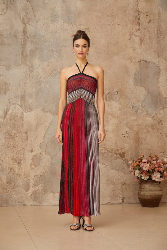 Sarai Red Metallic Knit Glitter Stripes Maxi Dress