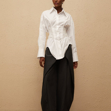 Sarai White Cotton Shirt with Lace-Up and Ruched Detailing