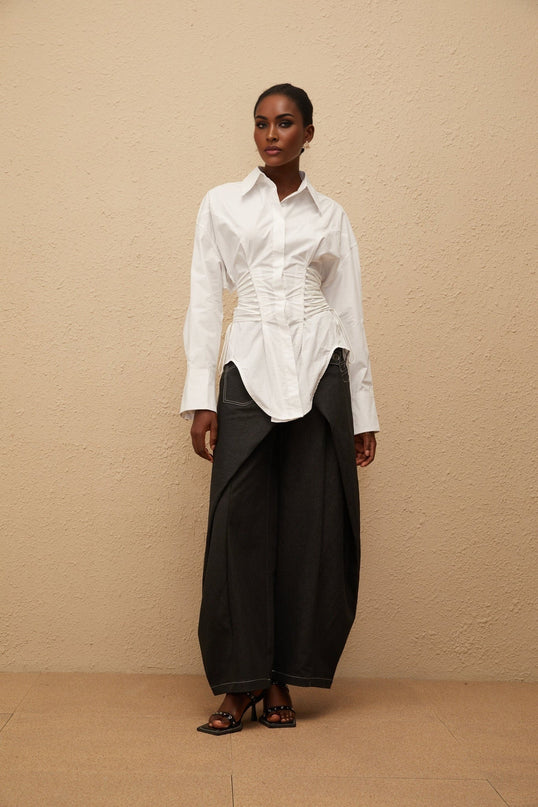 Sarai White Cotton Shirt with Lace-Up and Ruched Detailing