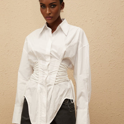 Sarai White Cotton Shirt with Lace-Up and Ruched Detailing