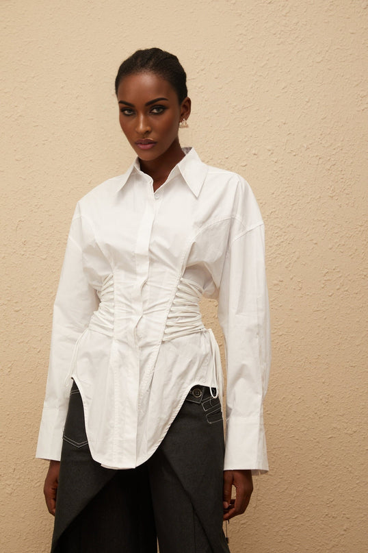 Sarai White Cotton Shirt with Lace-Up and Ruched Detailing