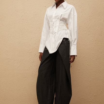 Sarai White Cotton Shirt Peak Lapels Lace-Up Ruched Detailing Button Fastening Elegant Graceful Modern Versatile Women's Fashion