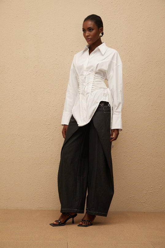 Sarai White Cotton Shirt Peak Lapels Lace-Up Ruched Detailing Button Fastening Elegant Graceful Modern Versatile Women's Fashion