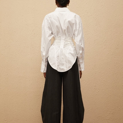 Sarai White Cotton Shirt with Peak Lapels and Lace-Up Detailing