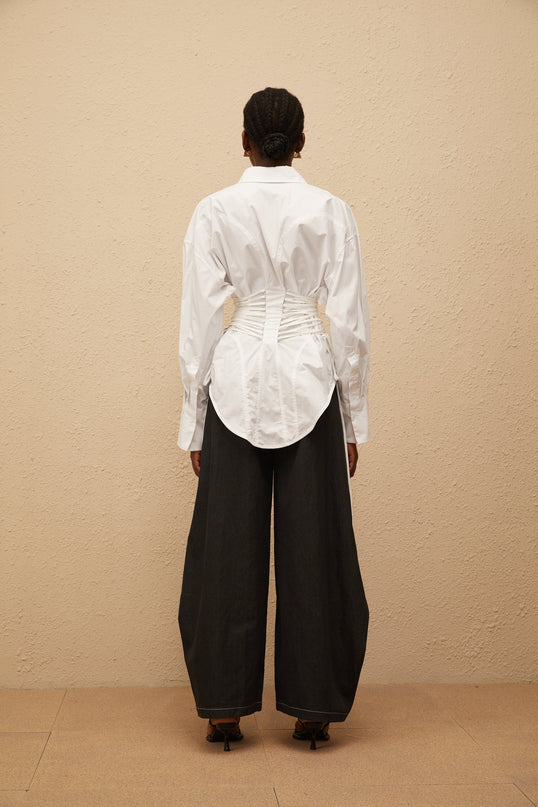 Sarai White Cotton Shirt with Peak Lapels and Lace-Up Detailing