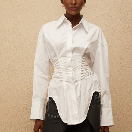 Sarai White Cotton Shirt with Peak Lapels and Lace-Up Detailing