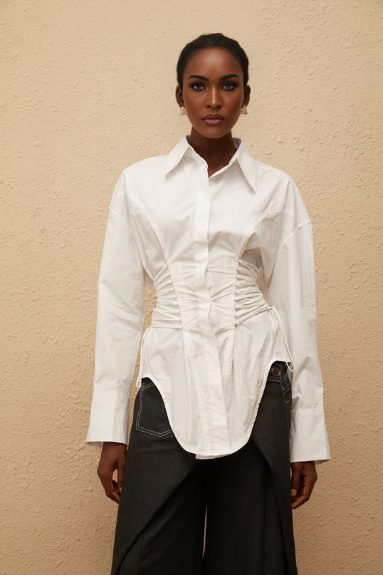 Sarai White Cotton Shirt with Peak Lapels and Lace-Up Detailing