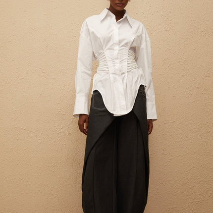Sarai White Cotton Shirt with Peak Lapels and Lace-Up Detailing