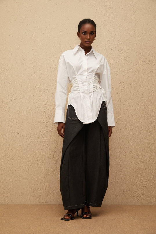 Sarai White Cotton Shirt with Peak Lapels and Lace-Up Detailing