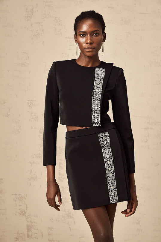 Savanna Black Crystal Embellished Skirt Top Set