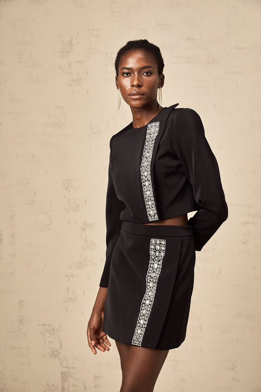 Savanna Black Crystal Embellished Skirt Top Set