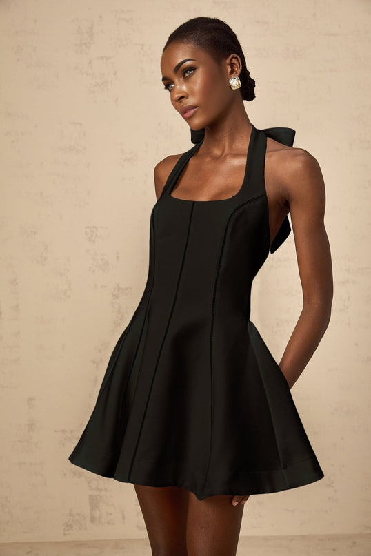 Savanna Black Sleeveless Halterneck Flared Mini Dress with Pleat Detailing
