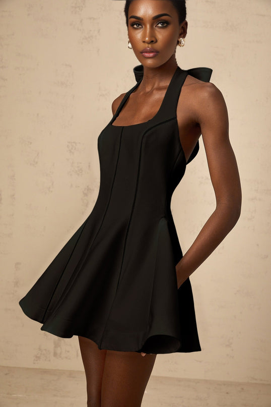 Savanna Black Sleeveless Halterneck Pleated Flared Mini Dress