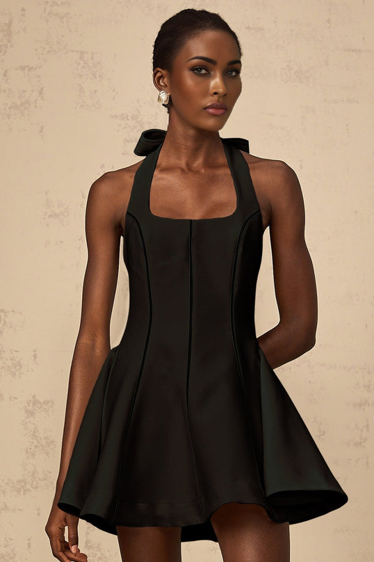 Savanna Black Sleeveless Halterneck Pleated Flared Mini Dress 100% Terylene Fiber