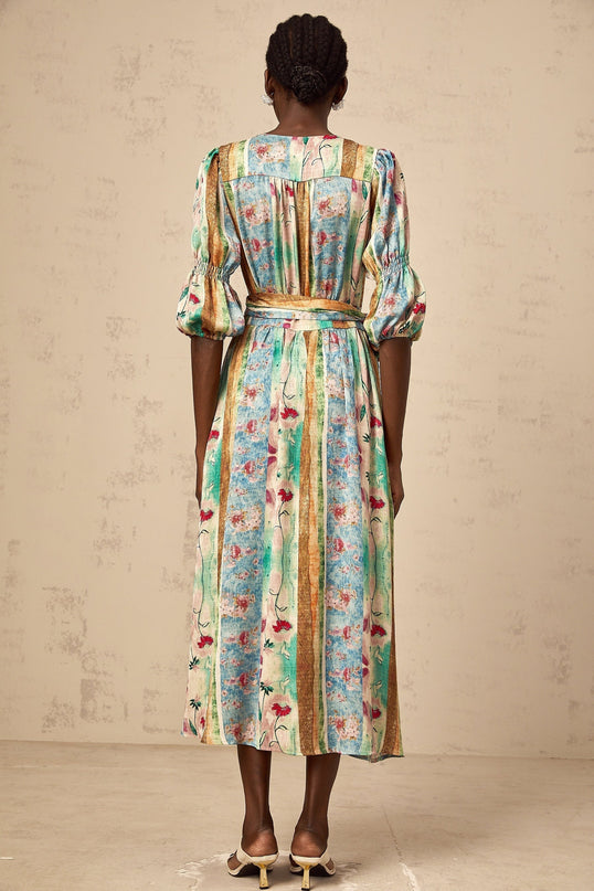 Savanna Blue Floral Midi Dress V Neck Wrap Design Short Sleeves Front Button Fastening