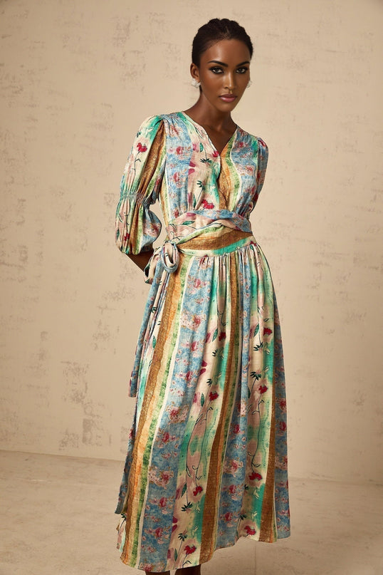 Savanna Blue Floral Midi Dress elegance sophistication V neck wrap design timeless charm femininity romance self-tie waist modern woman short sleeves button fastening chic finish unlined lightweight 100% Terylene fiber comfort style luxurious sophisticated day evening