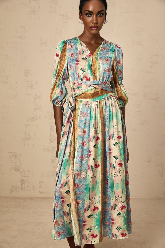 Savanna Blue Floral Midi Dress V Neck Wrap Short Sleeve Button Fastening Terylene Fiber