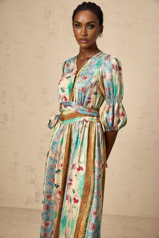 Savanna Blue Floral Midi Dress V Neck Wrap Design Short Sleeves