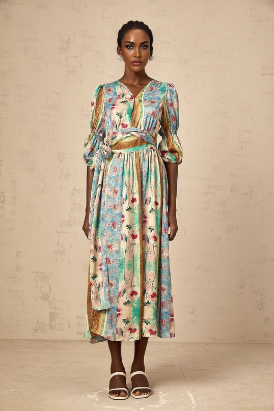 Savanna Blue Floral Midi Dress V Neck Wrap Design Short Sleeves Button Fastening