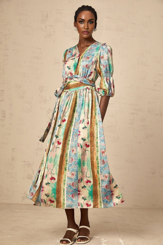 Savanna Blue Floral Midi Dress V Neck Wrap Design Short Sleeves Self-Tie Fastening Front Button Fastening Unlined Lightweight 100% Terylene Fiber