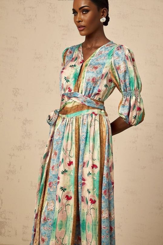 Savanna Blue Floral Midi Dress V Neck Wrap Design Short Sleeves Front Button Fastening Self-Tie Waist
