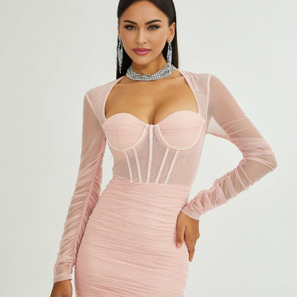 Savannah Pink Long Sleeved Dress mesh bustier cinched waist pleated detailing rear zip fastening thigh-length modern edge classic sophistication 80% cotton 20% polyester