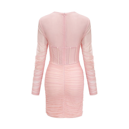 Savannah Pink Long Sleeved Dress Mesh Bustier Cinched Waist Pleated Detailing Rear Zip Thigh-Length 80% Cotton 20% Polyester