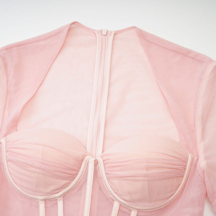 Savannah Pink Long Sleeved Dress mesh bustier cinched waist pleated detailing thigh-length 80% cotton 20% polyester rear zip fastening