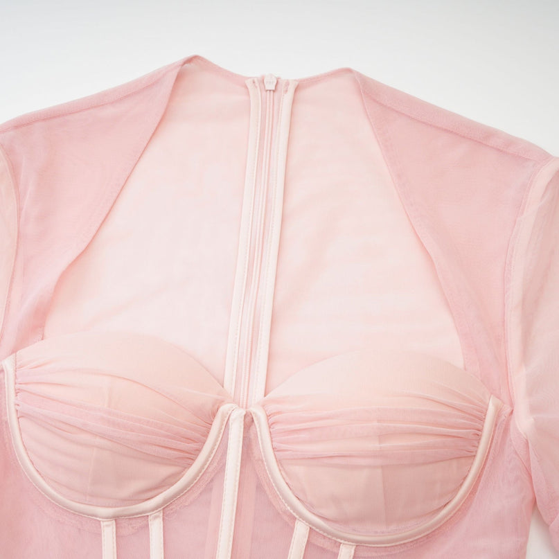 Savannah Pink Long Sleeved Dress mesh bustier cinched waist pleated detailing thigh-length 80% cotton 20% polyester rear zip fastening