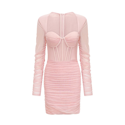 Savannah Pink Long Sleeved Dress mesh bustier cinched waist pleated detailing rear zip fastening thigh-length 80% cotton 20% polyester