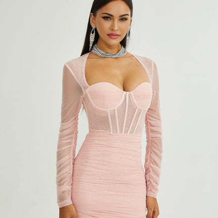 Savannah Pink Mesh Bustier Long Sleeved Dress with Cinched Waist and Pleated Detailing