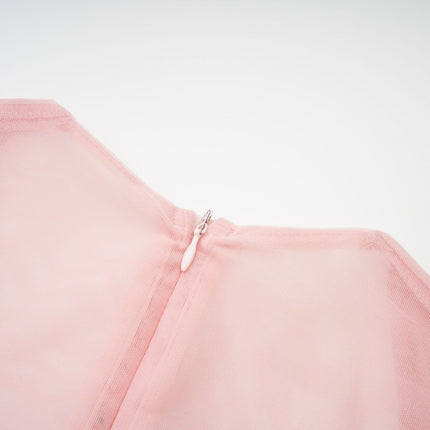 Savannah Pink Mesh Bustier Long Sleeved Dress with Cinched Waist and Pleated Detailing