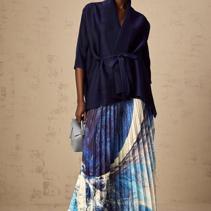 Savina Blue & Multicolor Creased Cape Matching Set Pattern Print Terylene Top Dress Skirt