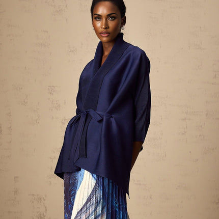 Savina Blue & Multicolor Creased Cape Matching Set Top Dress Pattern Terylene