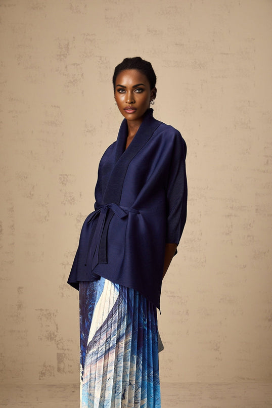 Savina Blue & Multicolor Creased Cape Matching Set Top Dress Pattern Terylene