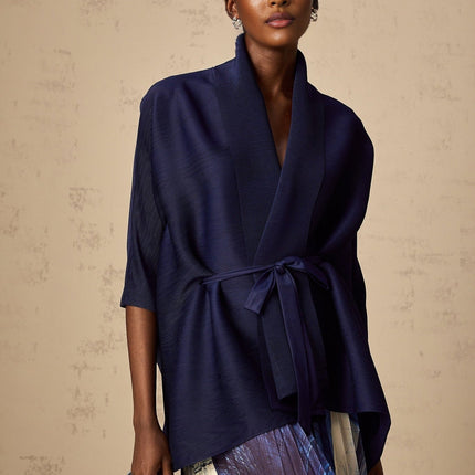 Savina Blue & Multicolor Creased Cape Matching Set Top Dress Pattern