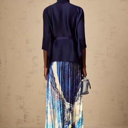 Savina Blue & Multicolor Top Dress Pattern Creased Cape Matching Set