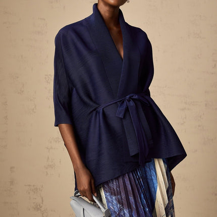 Savina Blue & Multicolor Top Dress Pattern Creased Cape Matching Set